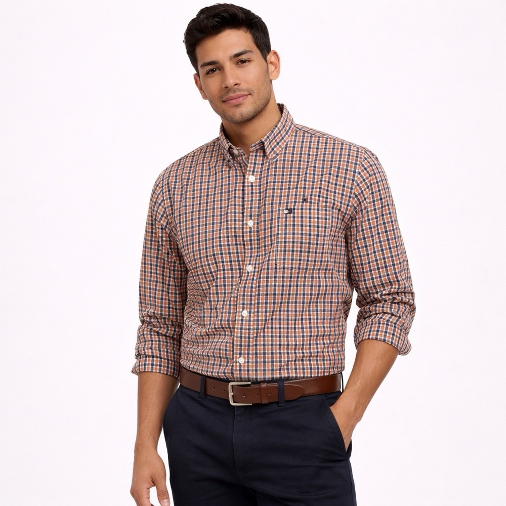 Men's Vintage Tommy Hilfiger Plaid Button Down Shirt, Large L Orange/Blue Plaid